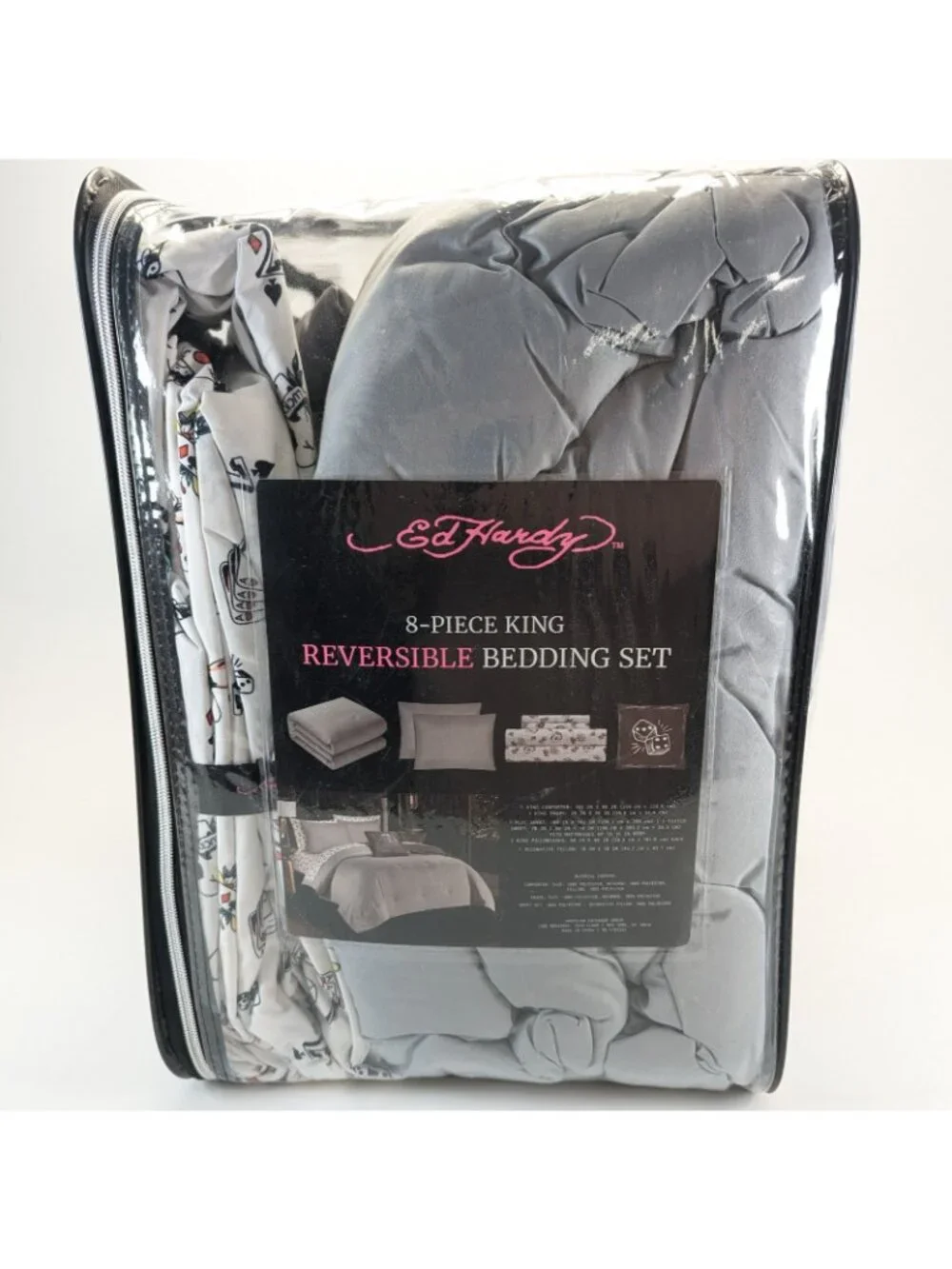 Ed Hardy King Comforter Set w Shams Pillow Sheets - Gray White Cards Dice Skull
